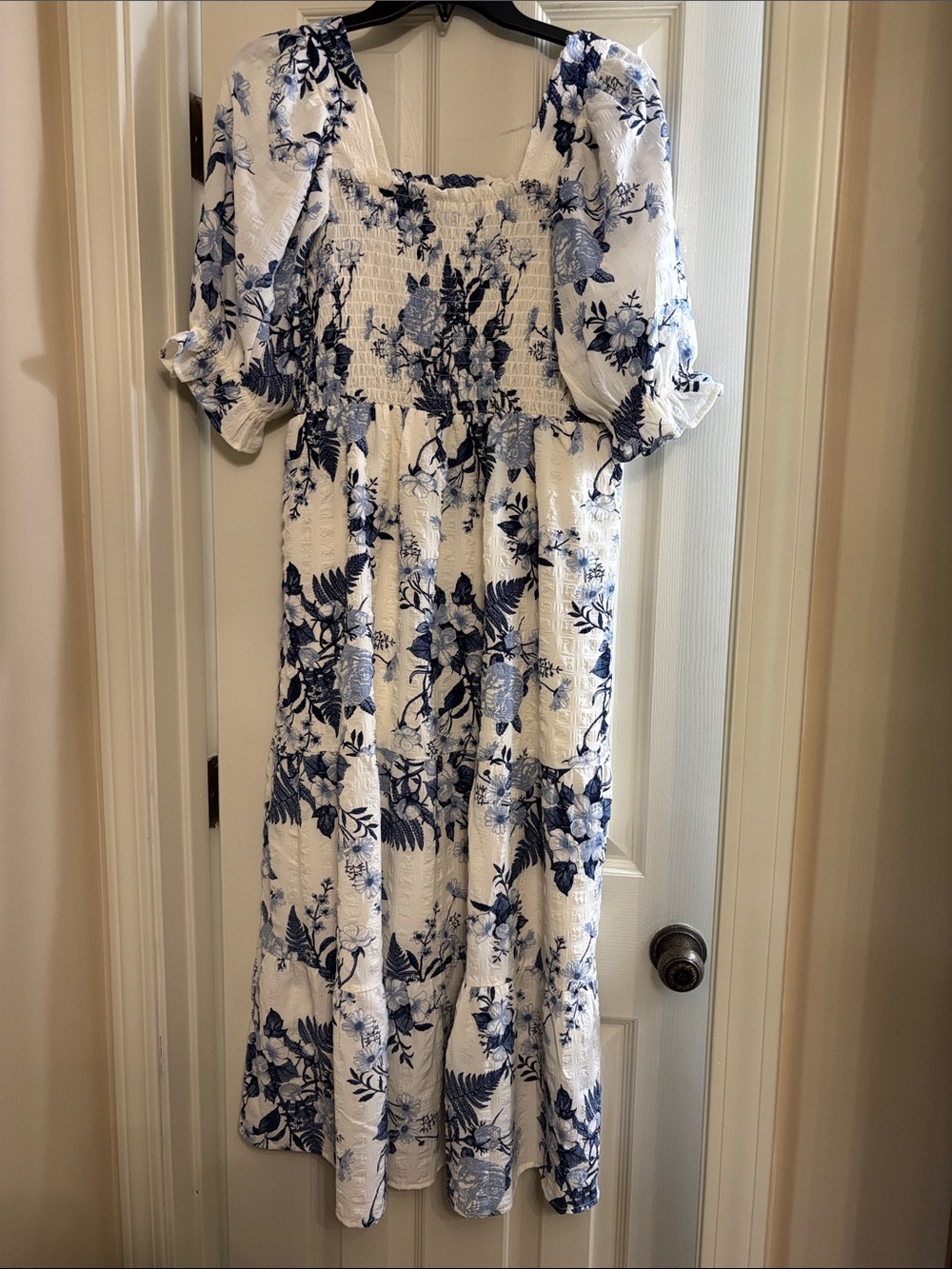 Wallpapher White Dress with Blue Floral Print